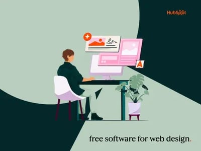 free software web design graphic of man sitting at desktop computer designing a website