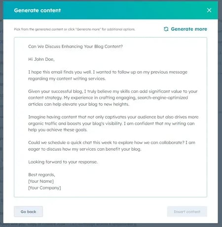 generative AI CRM, Image showing email editing screen with HubSpot Sales extension