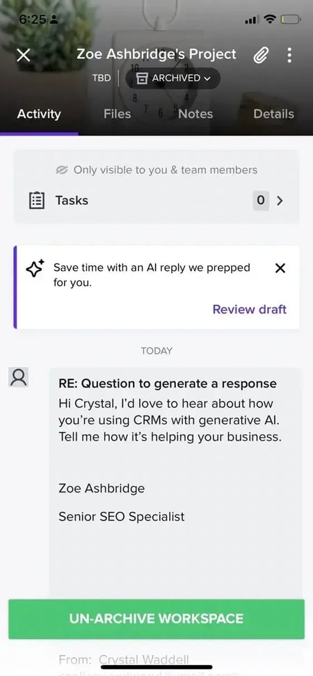 generative ai crm, image showing receiving email directly in honeybook crm