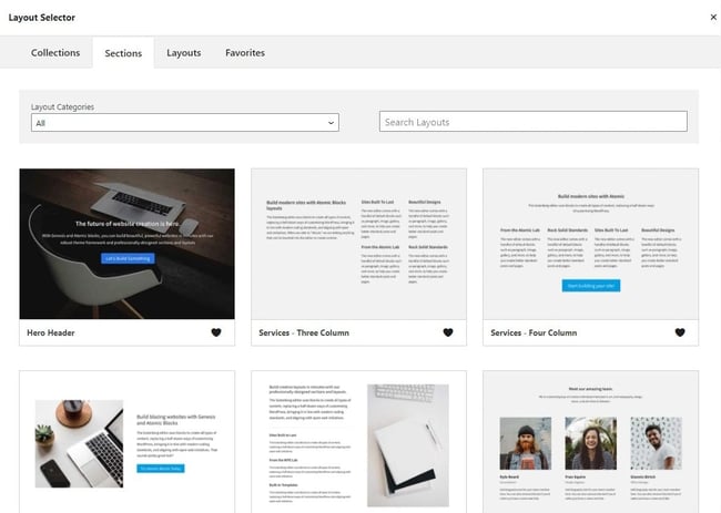 Sections are small groups of pre-configured blocks you can add to posts and pages.