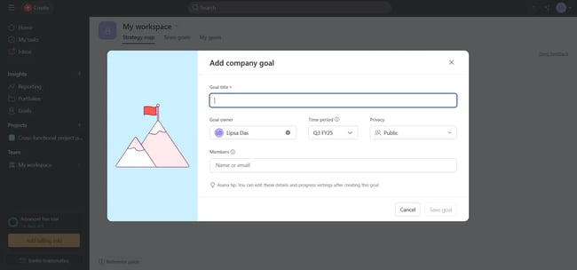 Goals through Asana, corporate goal -Sing interface on Asana