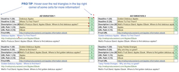 google ads campaign tracker in excel that includes ad variations and formats