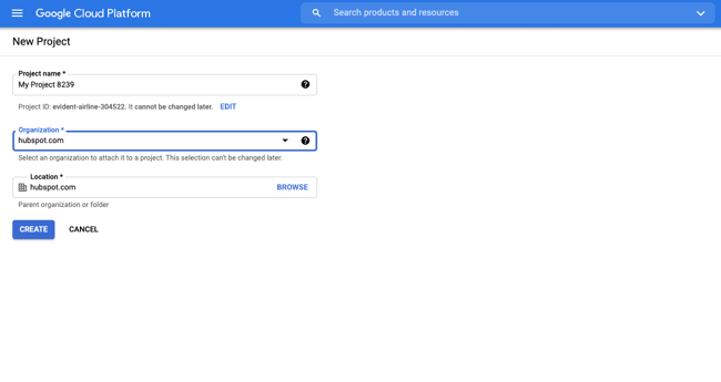 New project form in Google Developer Console