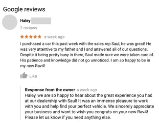 best google review responses: car dealership
