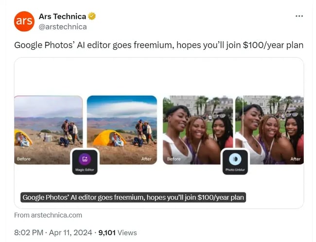 Ars Technica shares news about Google Photos AI going freemium