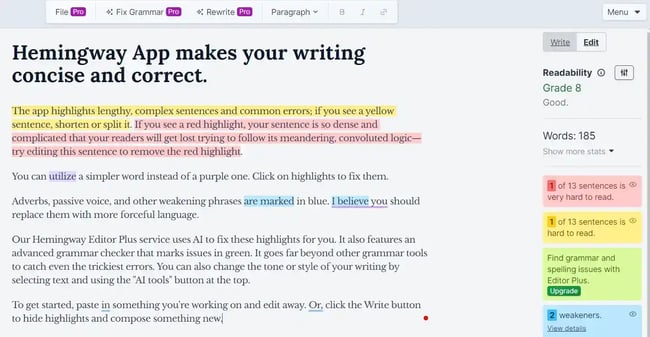 Screenshot from Hemingway App with the grade in the top right. Content readability and grade may be considered a ranking facto