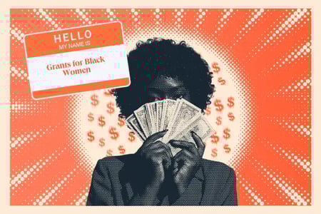  a black woman spreading cash in front of her face with a nametag that says hello my name is grants for black women