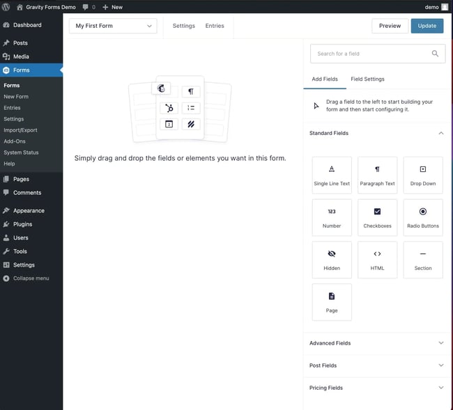 the gravity forms form builder screen