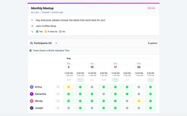 group scheduling software rallly offers meeting availability polls.