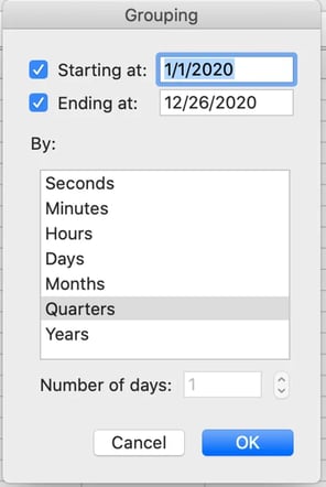 sample pivottable grouping window where you can add quarters variable