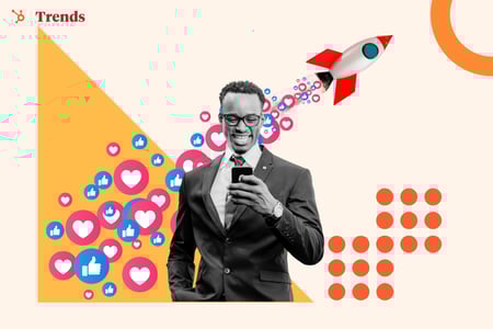 Marketer smiles at his phone due to growth marketing tactics