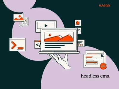 Headless CMS: Illustration of hand holding up website on a laptop with developer/coding images around it