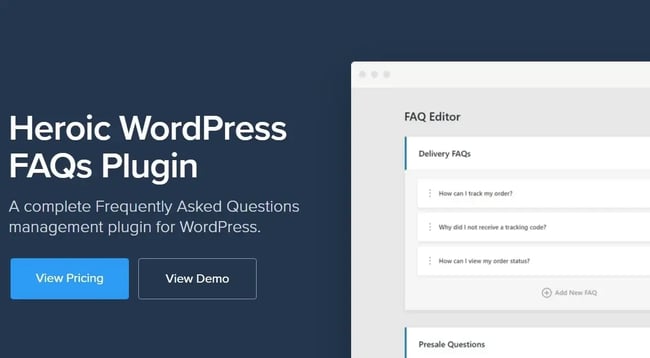 heroic FAQ plugin download screen with buttons to view pricing and view a demo
