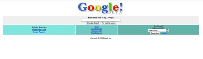 history of seo, googles original search homepage in 1998