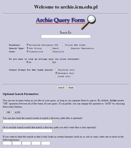 history of seo, the archie search engine query form in 1996