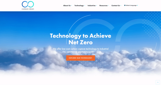 homepage of carbon clean, showcasing its industrial carbon capture technology and net-zero mission for decarbonising heavy industries