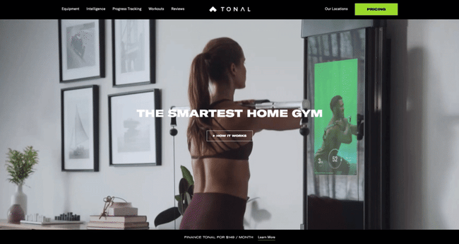 homepage of tonal, highlighting its smart home strength-training system and personalized digital workouts.