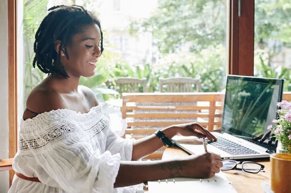 A remote employee hosts a virtual brainstorm with her team.