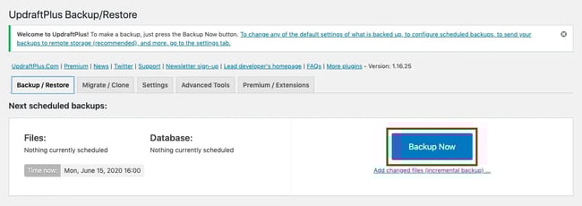 how to backup wordpress site step-by-step button