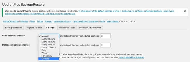 how to backup wordpress site step-by-step dropdown