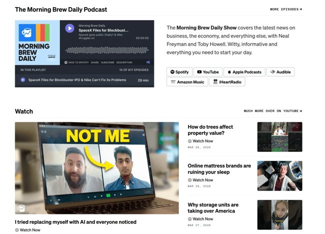 how to create a marketing strategy, Morning Brew Daily Podcast and Show page, with episodes on business news, tech, and AI videos. Your essential Morning Brew content.