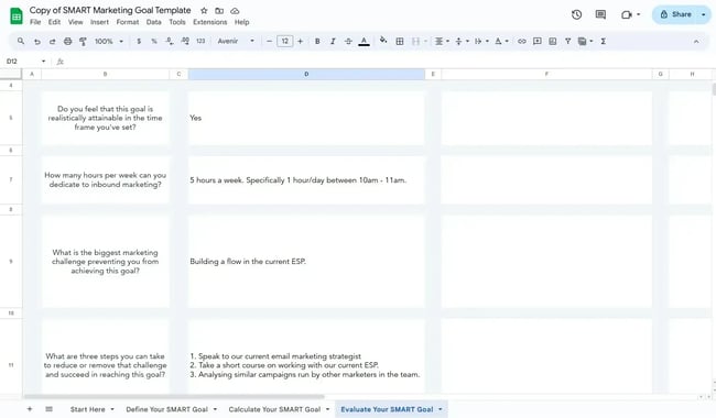 how to create a marketing strategy, a smart marketing goal template showing how to create a marketing strategy with goals and challenges.
