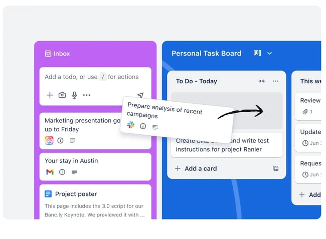 how to create a marketing strategy, a trello-like personal task board showing various tasks and an arrow highlighting prepare analysis of recent campaigns.