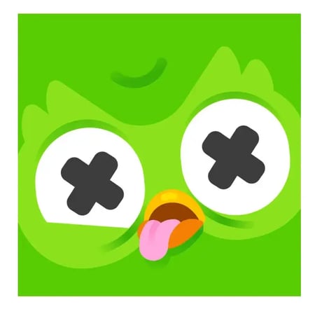 how to create a marketing strategy, duolingos duo the owl looking exhausted with x-shaped eyes and tongue out.4