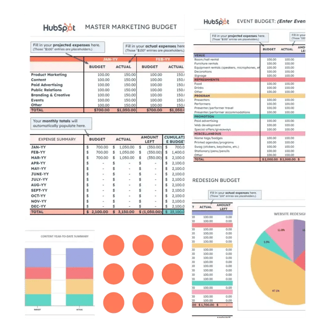 how to create a marketing strategy, marketing budget spreadsheets and charts illustrating expense tracking for robust marketing strategy development.