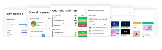 how to create a marketing strategy, multiple monday.com screens showing team planning, quarterly roadmap, task statuses, and file sharing for project management.