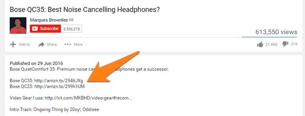 Affiliate Links listed below a YouTube video reviewing a product