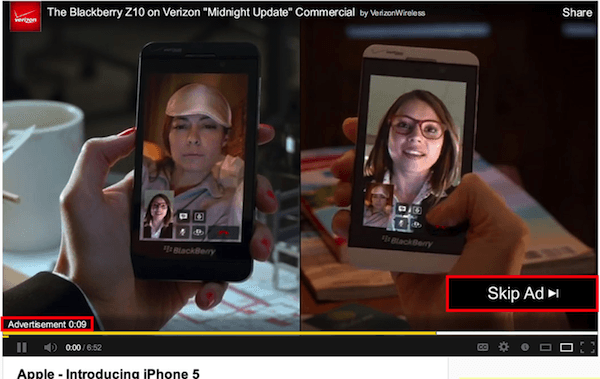 YouTube video playing TrueView In-Stream ad with Skip Ad option to the bottom right YouTube video playing TrueView In-Stream ad with Skip Ad option to the bottom right