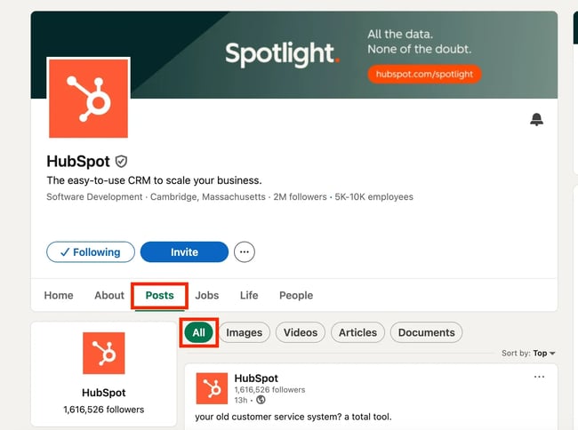 how to start a sales conversation, screenshot of hubspot��s recent posts on linkedin