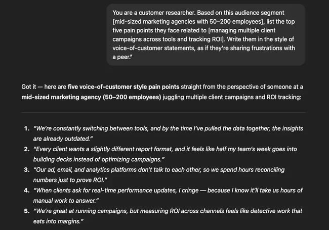 how to train chatgpt, gpt generated pain points, ai for customer research