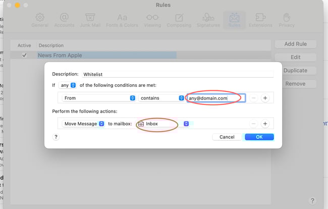 how to white list an email in Apple Mail, type address to be whitelisted