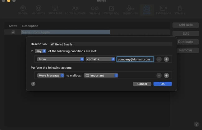 how to whitelist an email in apple mail name rule