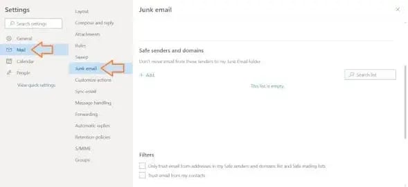 how to whitelist an email in outlook choose “mail”
