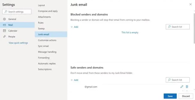 how to whitelist an email in outlook type in address or domain