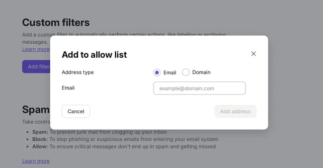 how to whitelist an email in proton mail enter address or domain