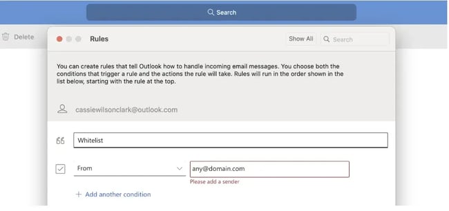 how to whitelist an email in windows 365 desktop, enter “from” email address