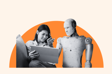 Woman and robot checking search results on tablet computer