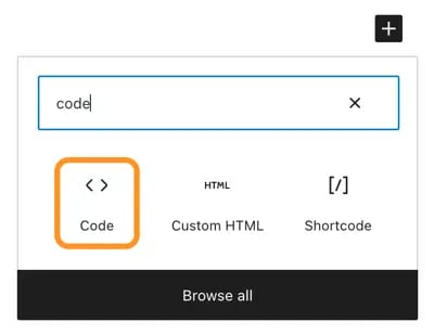 the wordpress code block in the gutenberg editor