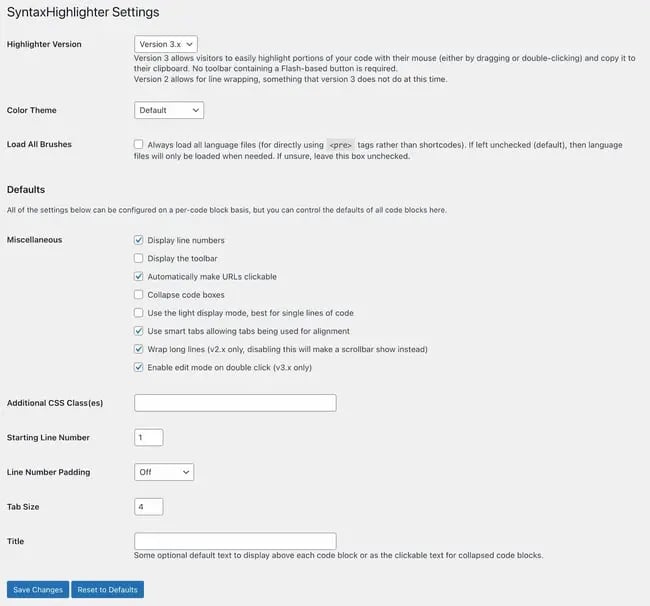 the wordpress code block settings menu