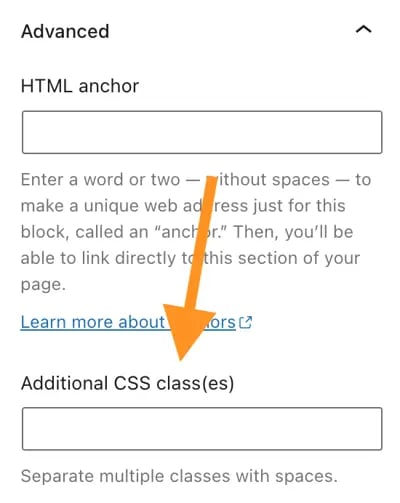 the wordpress code block additional css class field