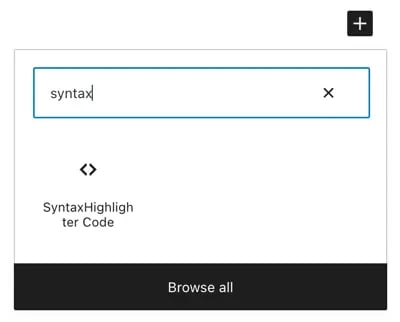 the syntax highlighter block in the wordpress code block editor