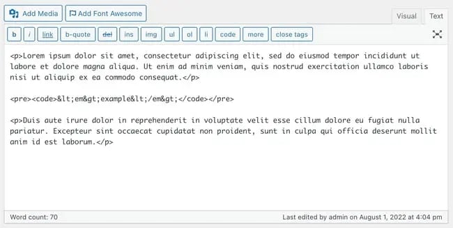 html entities in the wordpress classic editor