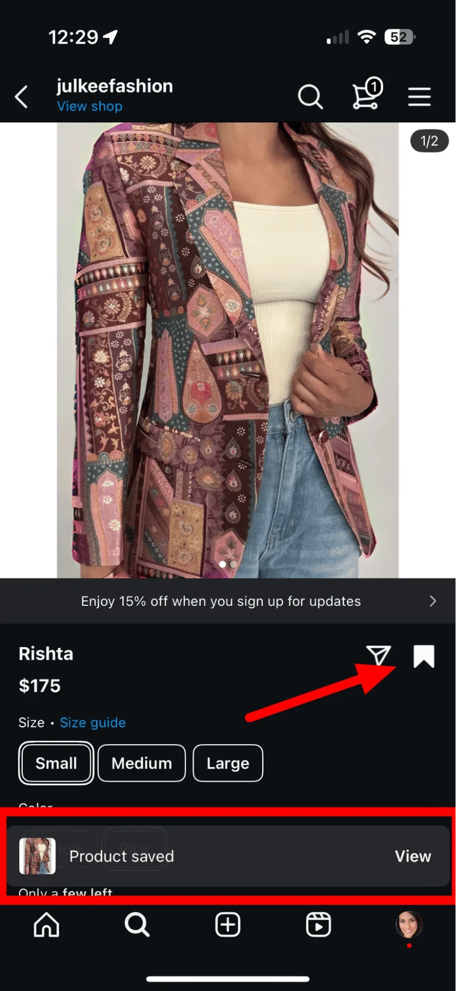 Screenshot showing the save button in Instagram Shops. 