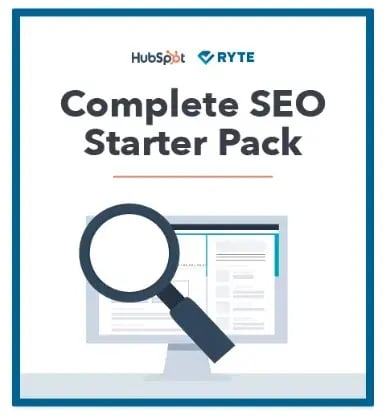 How to get your website noticed on google: Graphic of magnifying glass over computer reading, Complete SEO Starter Pack