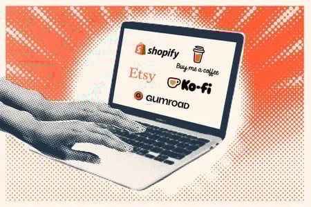 graphic of a laptop with different digital product selling platform logos (etsy, shopify, gumroad, etc.) and hands typing on the laptop