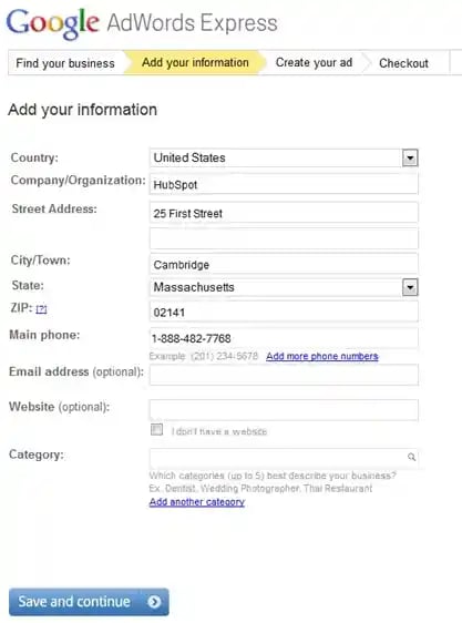 Google Adwords Express Step 2